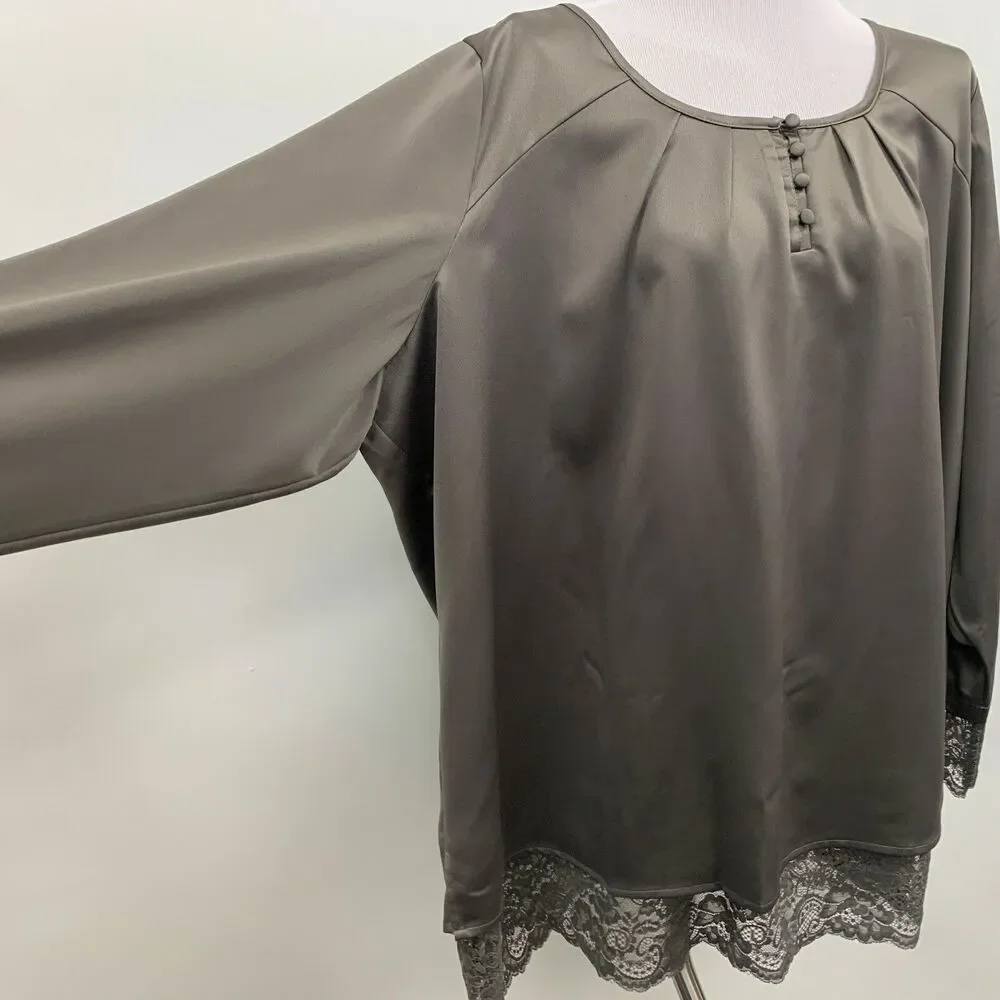 QVC Isaac Mizrahi Live Women's Top Size 28W Taupe Brown Lace‎ Hem
